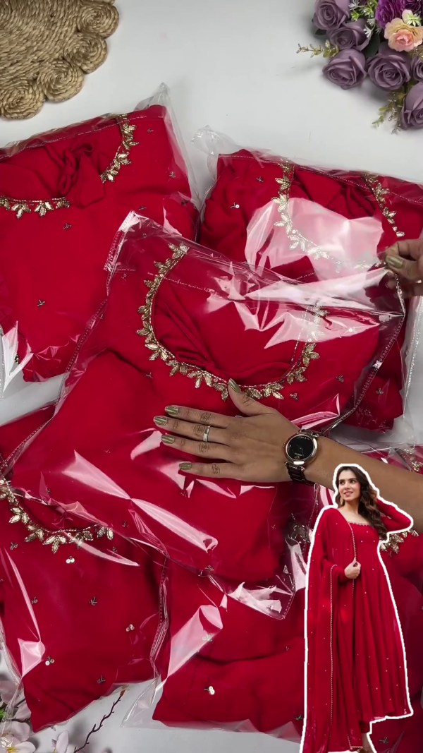 2664-2.png Classic Crimson Georgette Anarkali with Golden Vine Accents