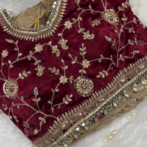 2665-1.png Ornate Wine Velvet Blouse with Intricate Golden Embroidery