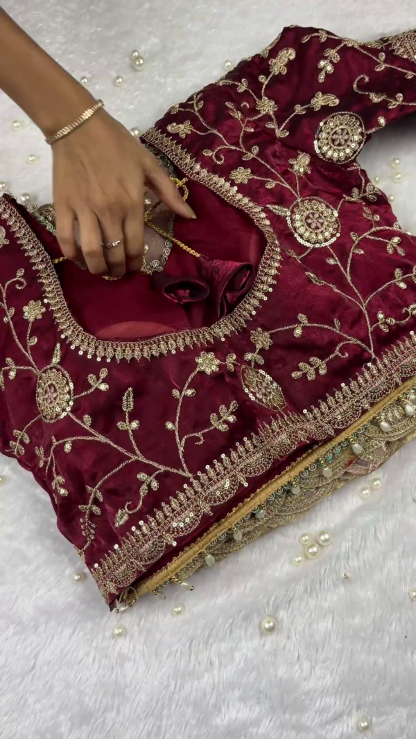 Ornate Wine Velvet Blouse with Intricate Golden Embroidery