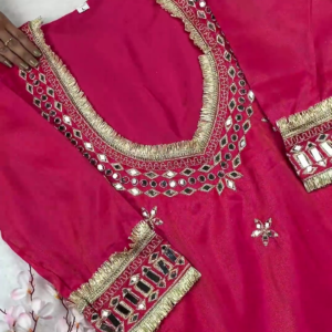 2669-4.png Vibrant Rani Pink Silk Anarkali with Heavy Mirror Artistry