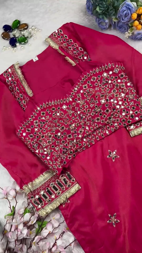 Vibrant Rani Pink Silk Anarkali with Heavy Mirror Artistry