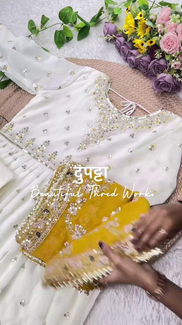 Ethereal White Anarkali with Mustard Floral Highlights