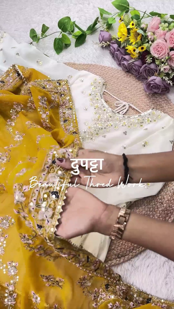 Ethereal White Anarkali with Mustard Floral Highlights
