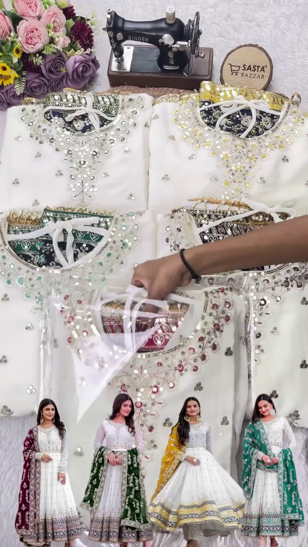 Ethereal White Anarkali with Mustard Floral Highlights