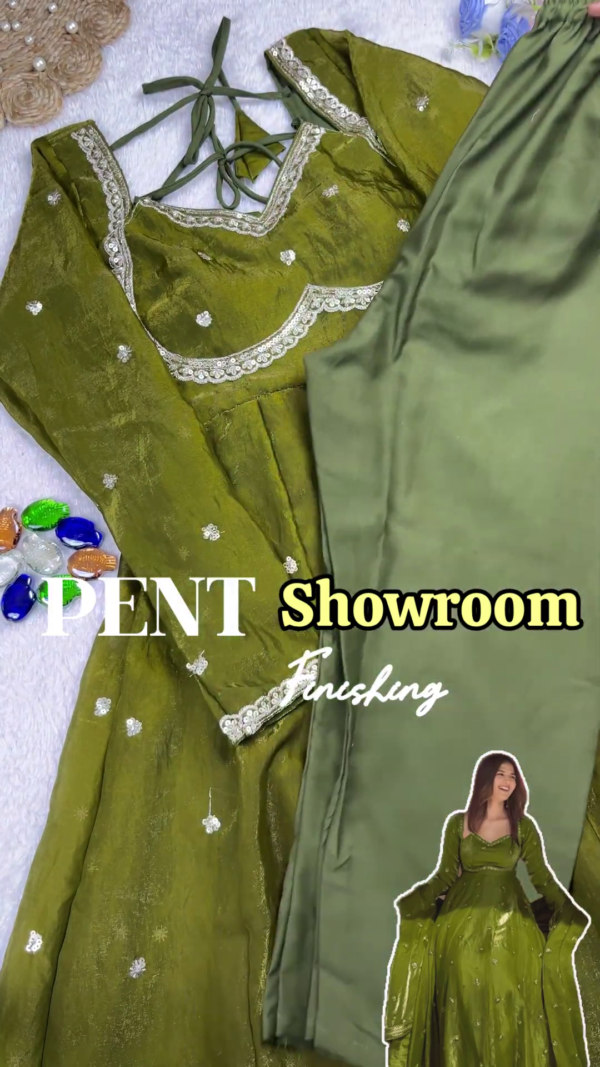 Regal Olive Green Scalloped Anarkali Gown