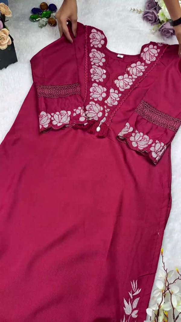 Royal Maroon Kurti with Rose Motif Embroidery