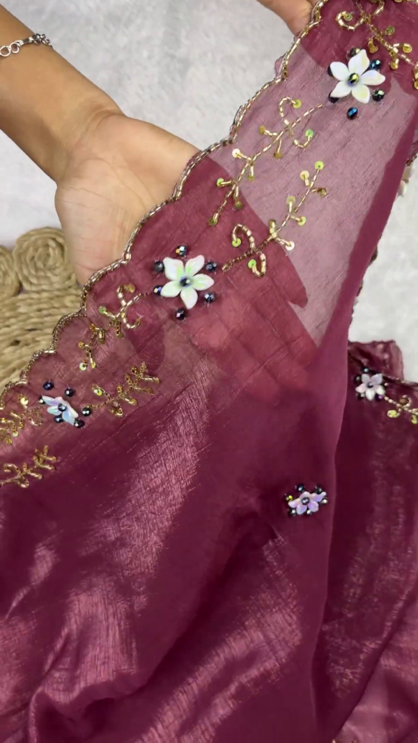 Mauve Silk Saree Set with 3D Floral Accents