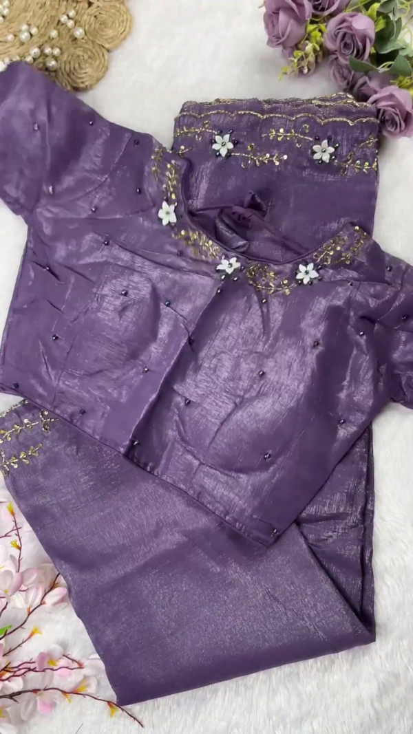 Mauve Silk Saree Set with 3D Floral Accents