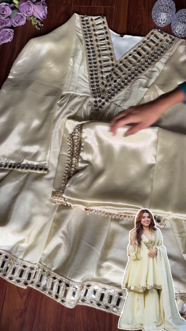 Luminous Cream Mirror-Work Sharara Set