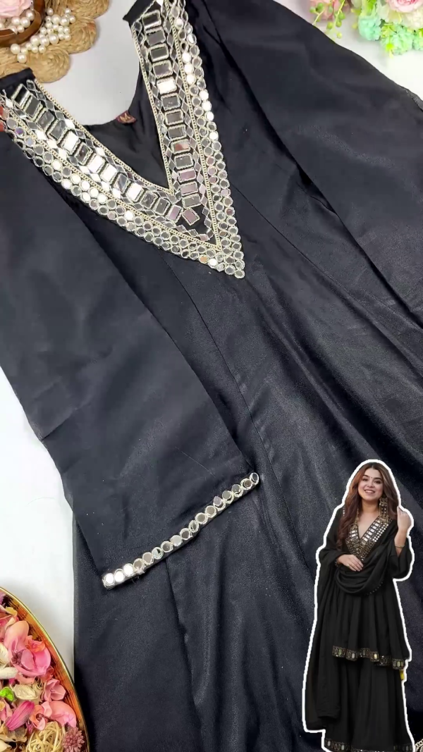 Grand Midnight Black Mirror-Work Sharara Set