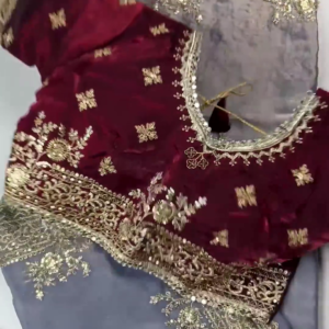 2693-1.png Royal Burgundy Velvet Blouse & Slate Grey Saree Set