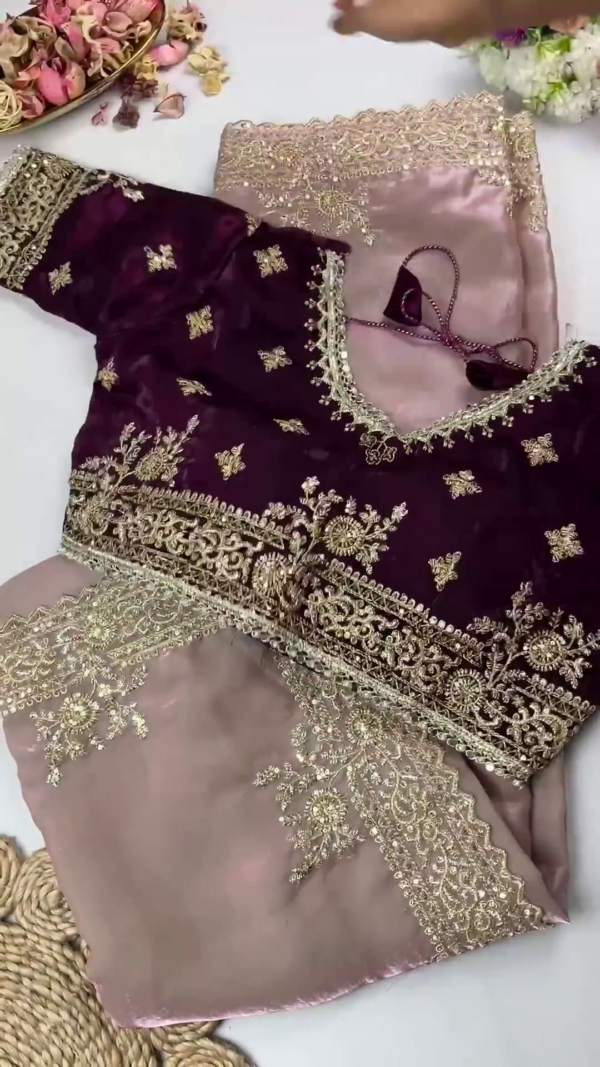 Royal Burgundy Velvet Blouse & Slate Grey Saree Set