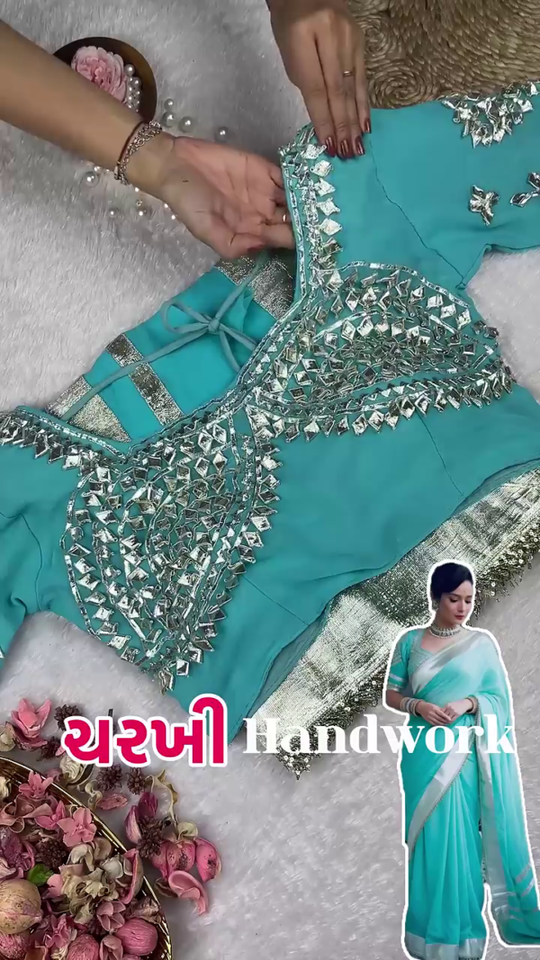 2709-2.png Azure Sky Saree with Bold Silver Heritage Accents