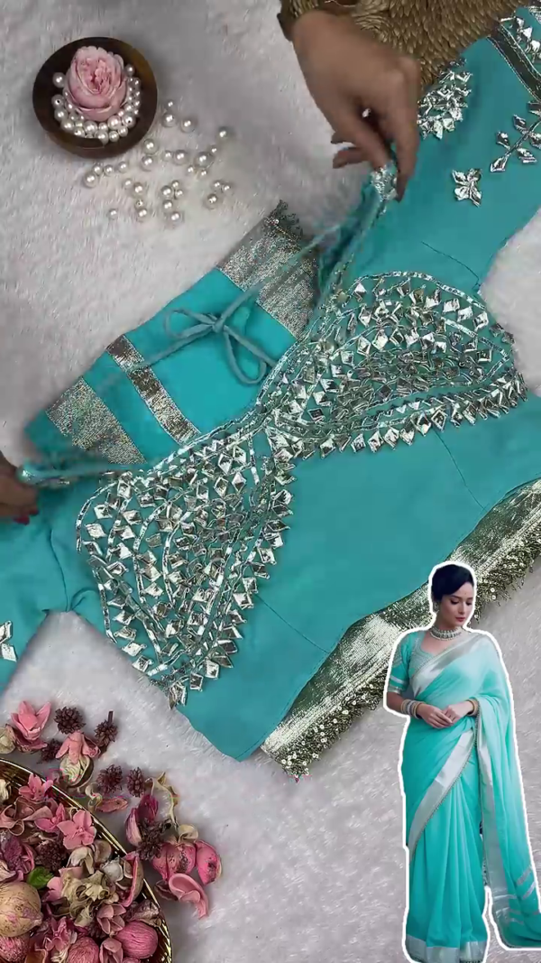 2709-3.png Azure Sky Saree with Bold Silver Heritage Accents