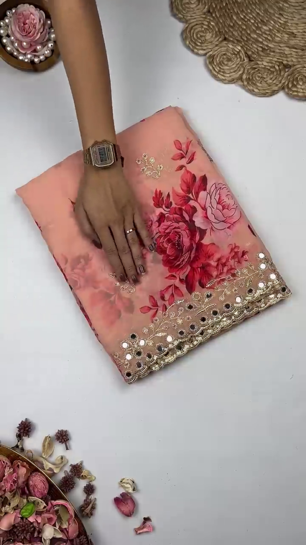 2711-1.png Peach Blossom Saree with Scalloped Mirror-Work Border