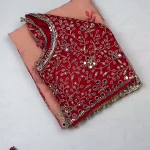 2711-3.png Peach Blossom Saree with Scalloped Mirror-Work Border