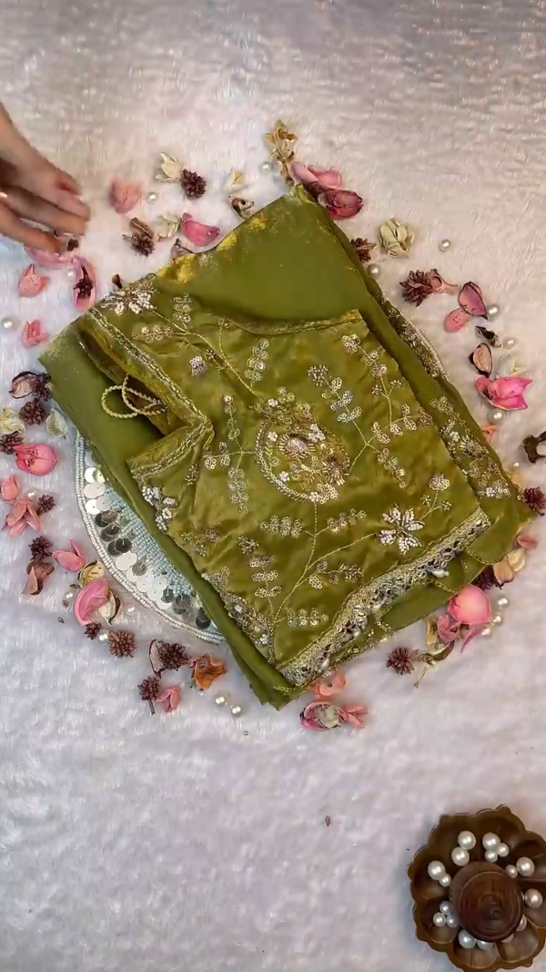 Olive Enchantment Zari-Work Saree Set