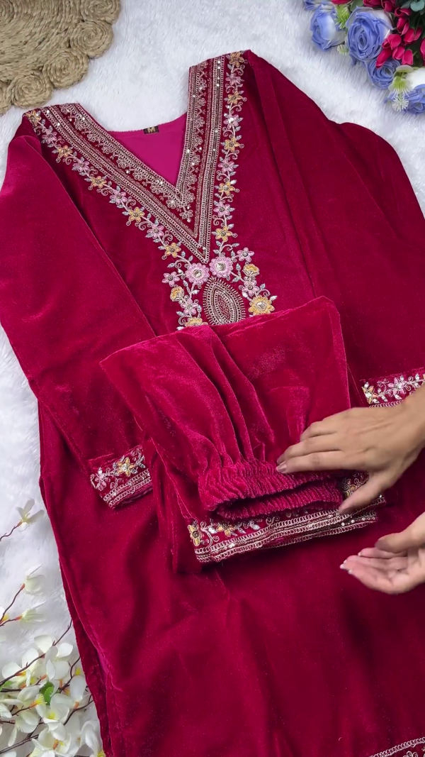 Royal Magenta Velvet Embellished Suit Set