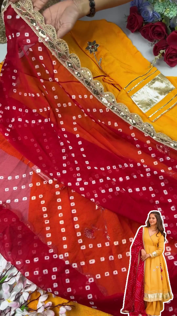 2718-1.png Sun-Kissed Mustard Anarkali with Angrakha Neckline and Bandhani Dupatta