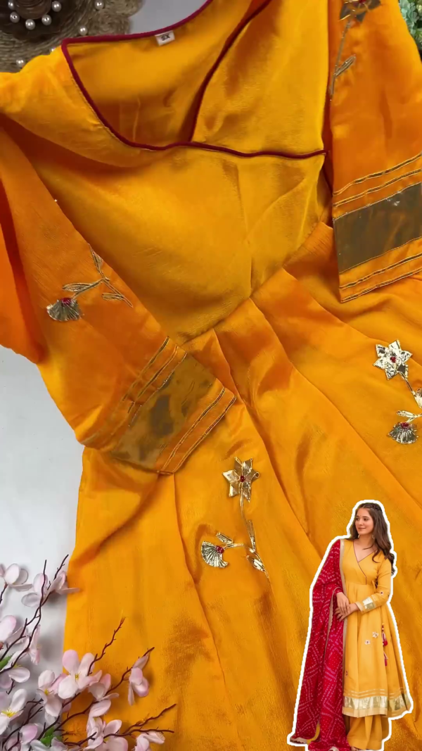 2718-2.png Sun-Kissed Mustard Anarkali with Angrakha Neckline and Bandhani Dupatta