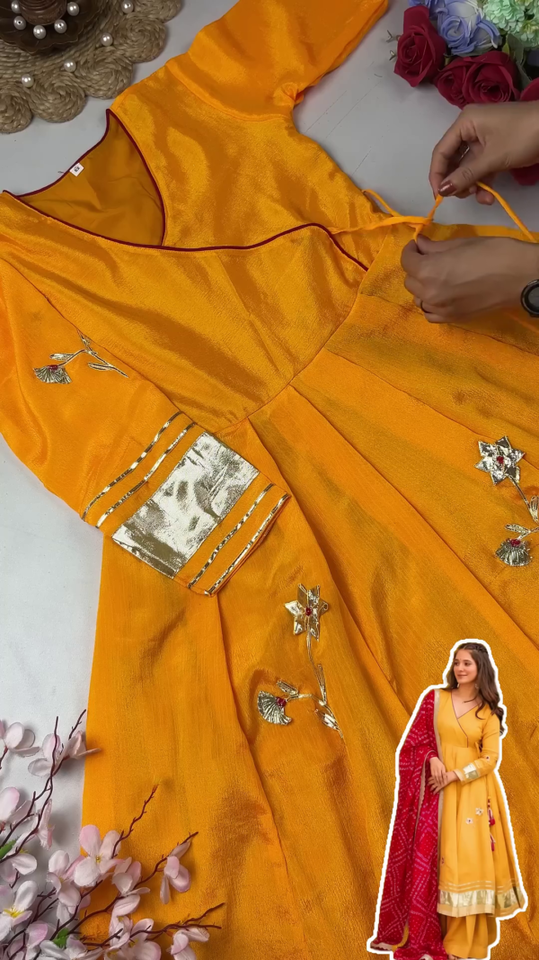 2718-3.png Sun-Kissed Mustard Anarkali with Angrakha Neckline and Bandhani Dupatta