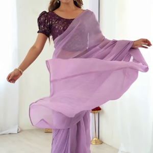 2719-1.png Lavender Chiffon Saree with Wine Puff-Sleeve Brocade Blouse