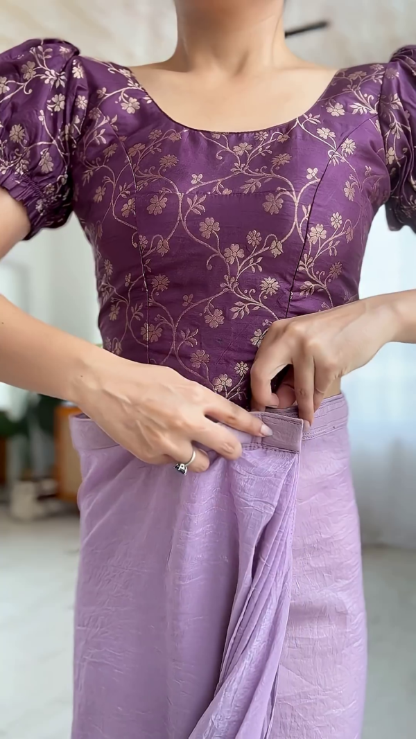 Lavender Chiffon Saree with Wine Puff-Sleeve Brocade Blouse