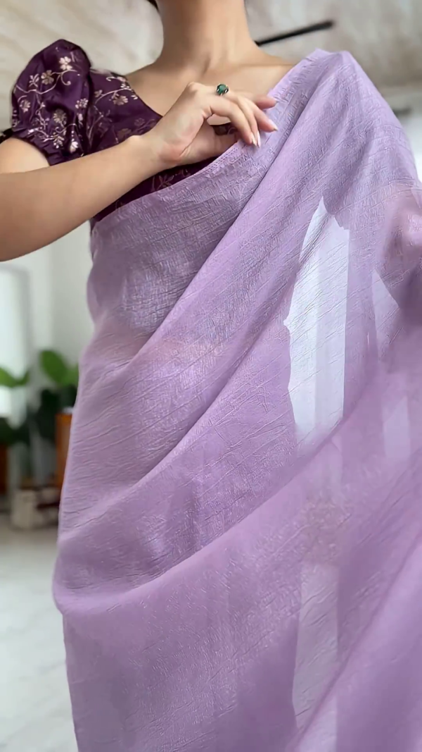 Lavender Chiffon Saree with Wine Puff-Sleeve Brocade Blouse