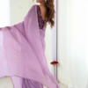 Lavender Chiffon Saree with Wine Puff-Sleeve Brocade Blouse