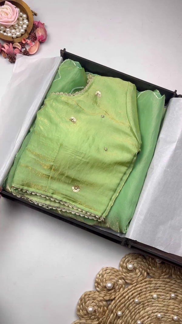 Mint Green Shimmer Silk Saree with Scalloped Zari and Sequin Accents