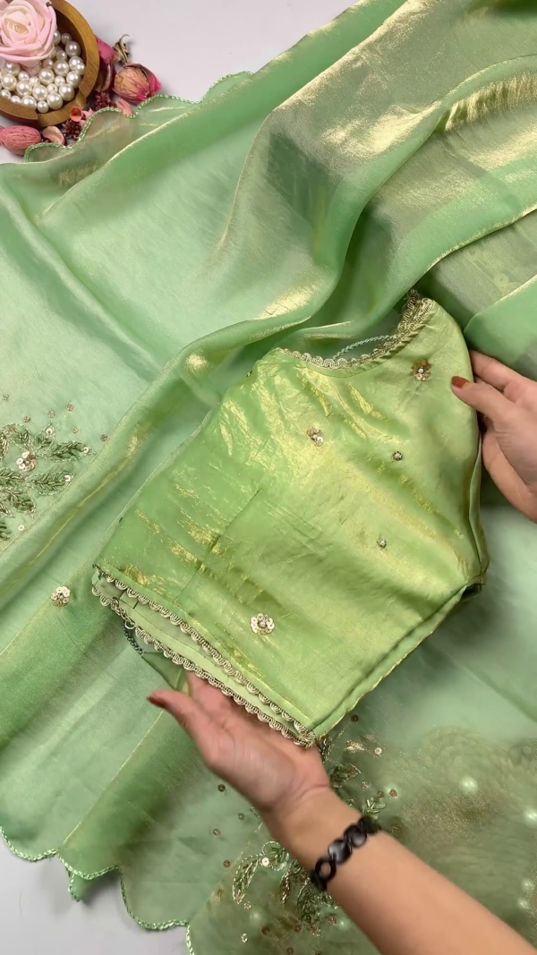 Mint Green Shimmer Silk Saree with Scalloped Zari and Sequin Accents