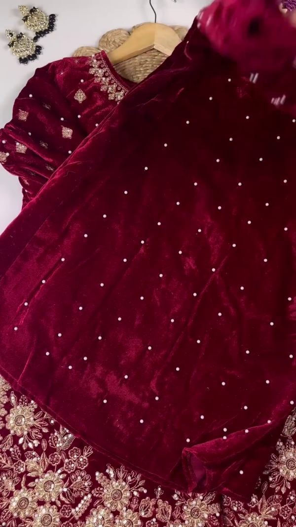 Majestic Ruby Velvet Anarkali with Golden Floral Zari and Sequin Embroidery