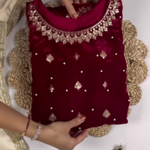 2721-2.png Regal Ruby Velvet Anarkali with Golden Floral Zari and Sequin Embroidery