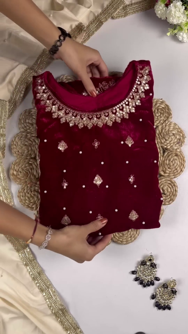 Majestic Ruby Velvet Anarkali with Golden Floral Zari and Sequin Embroidery