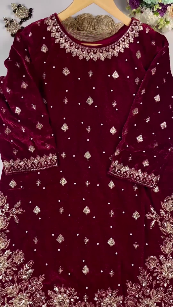 Majestic Ruby Velvet Anarkali with Golden Floral Zari and Sequin Embroidery