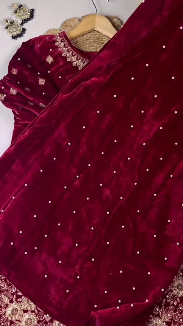Majestic Ruby Velvet Anarkali with Golden Floral Zari and Sequin Embroidery