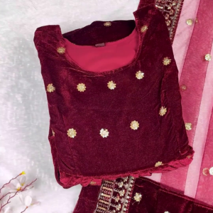 2722-2.png Majestic Ruby Velvet Anarkali with Golden Floral Zari and Sequin Embroidery