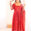 2723-1.png Crimson Red Silk-Blend Anarkali with Concentric Geometric Zari Border