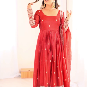 2723-1.png Crimson Red Silk-Blend Anarkali with Concentric Geometric Zari Border