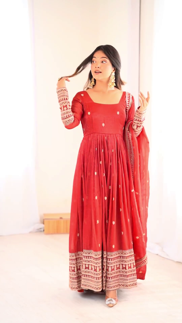 2723-1.png Crimson Red Silk-Blend Anarkali with Concentric Geometric Zari Border