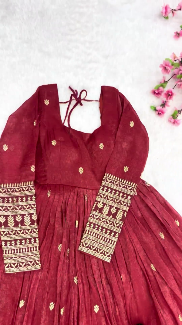 2723-2.png Crimson Red Silk-Blend Anarkali with Concentric Geometric Zari Border
