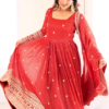 2723-4.png Crimson Red Silk-Blend Anarkali with Concentric Geometric Zari Border