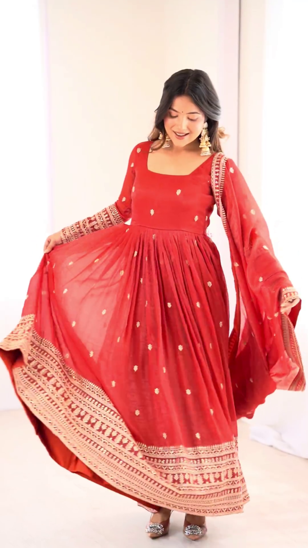 2723-4.png Crimson Red Silk-Blend Anarkali with Concentric Geometric Zari Border