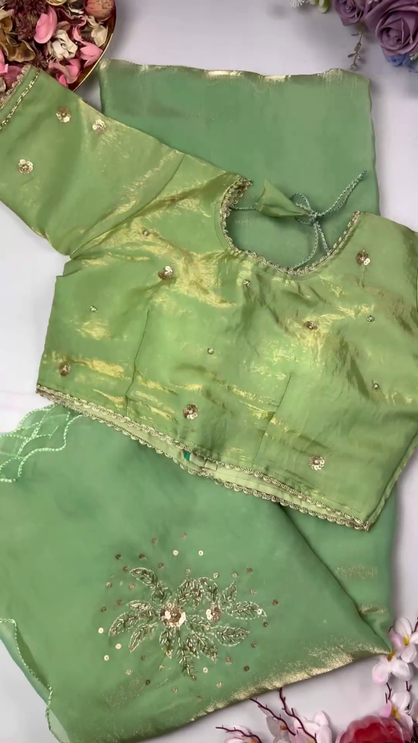 Luminous Shimmer Silk Saree with Hand-Embroidered Floral Zari Butta