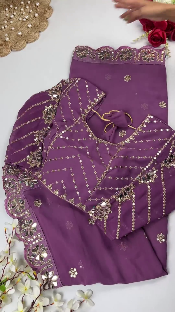 Georgette Saree Set with Hand-Embroidered Mirror-Work Floral Border
