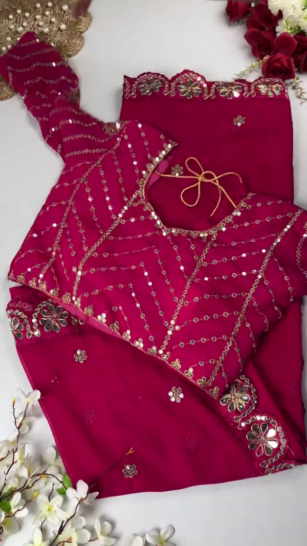 Georgette Saree Set with Hand-Embroidered Mirror-Work Floral Border