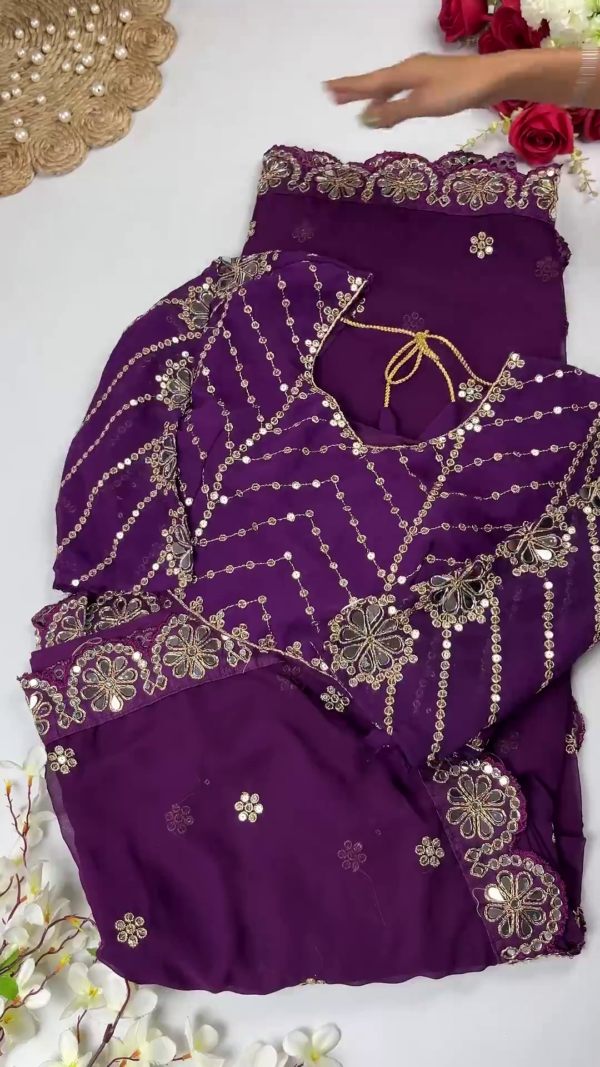 Georgette Saree Set with Hand-Embroidered Mirror-Work Floral Border