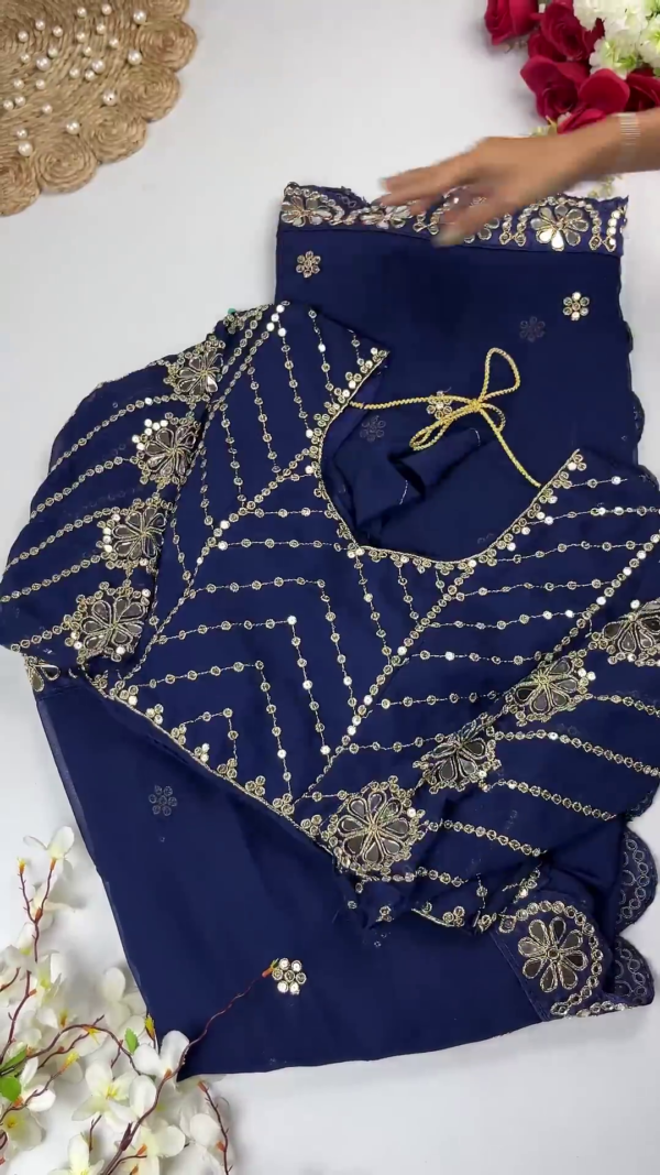 Georgette Saree Set with Hand-Embroidered Mirror-Work Floral Border