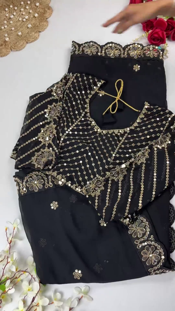Georgette Saree Set with Hand-Embroidered Mirror-Work Floral Border