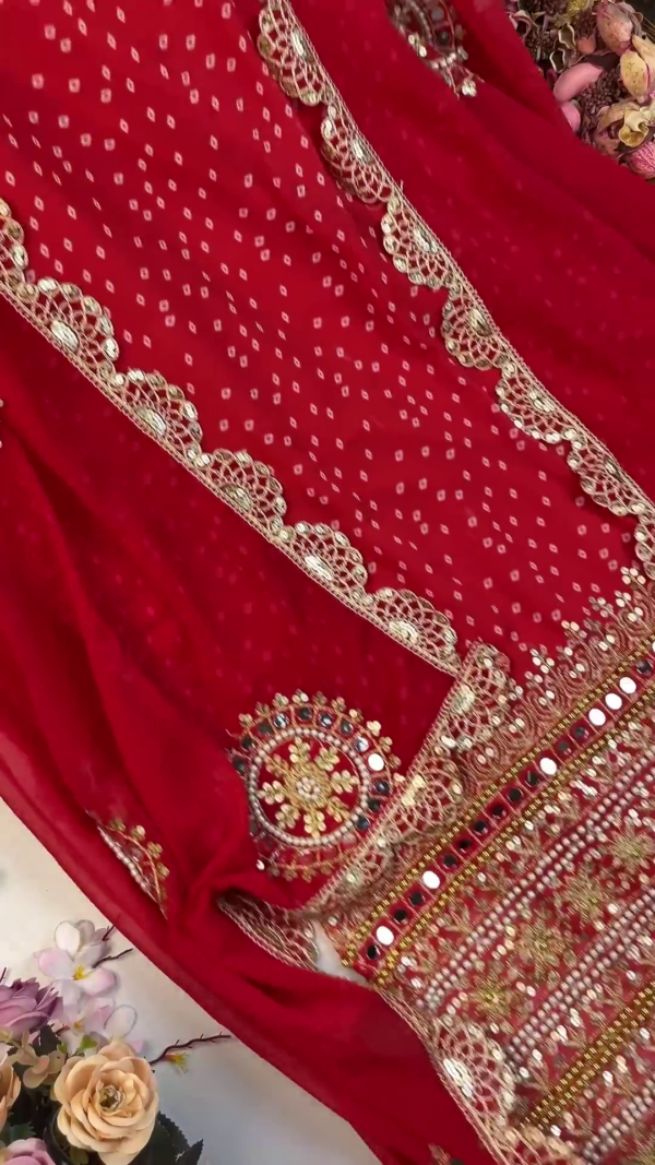 2726-1.png Vibrant Bandhani Georgette Suit with Circular Mirror-Work Medallions